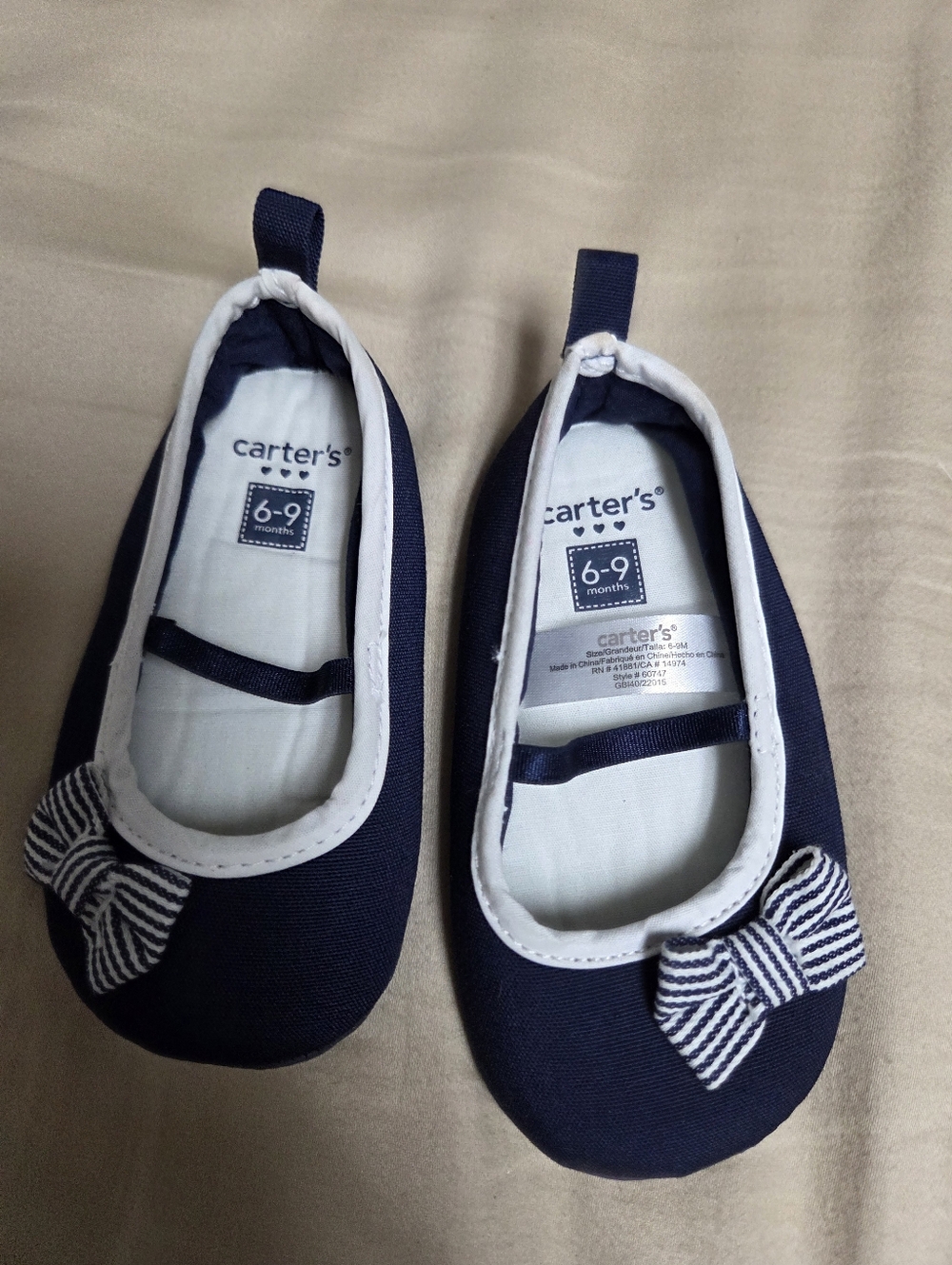Carter's Baby Girl 6-9 Months Navy Blue Cloth Mary Janes With Striped Bow Shoes